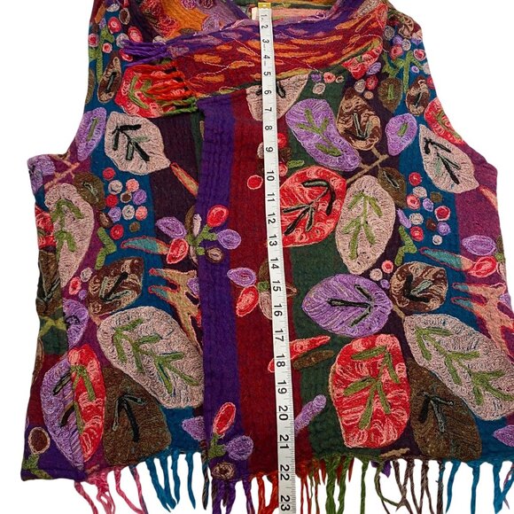 Handmade Anu XL Colorful Wool open Vest Embroidered Floral Design Fringe boho - Picture 12 of 12